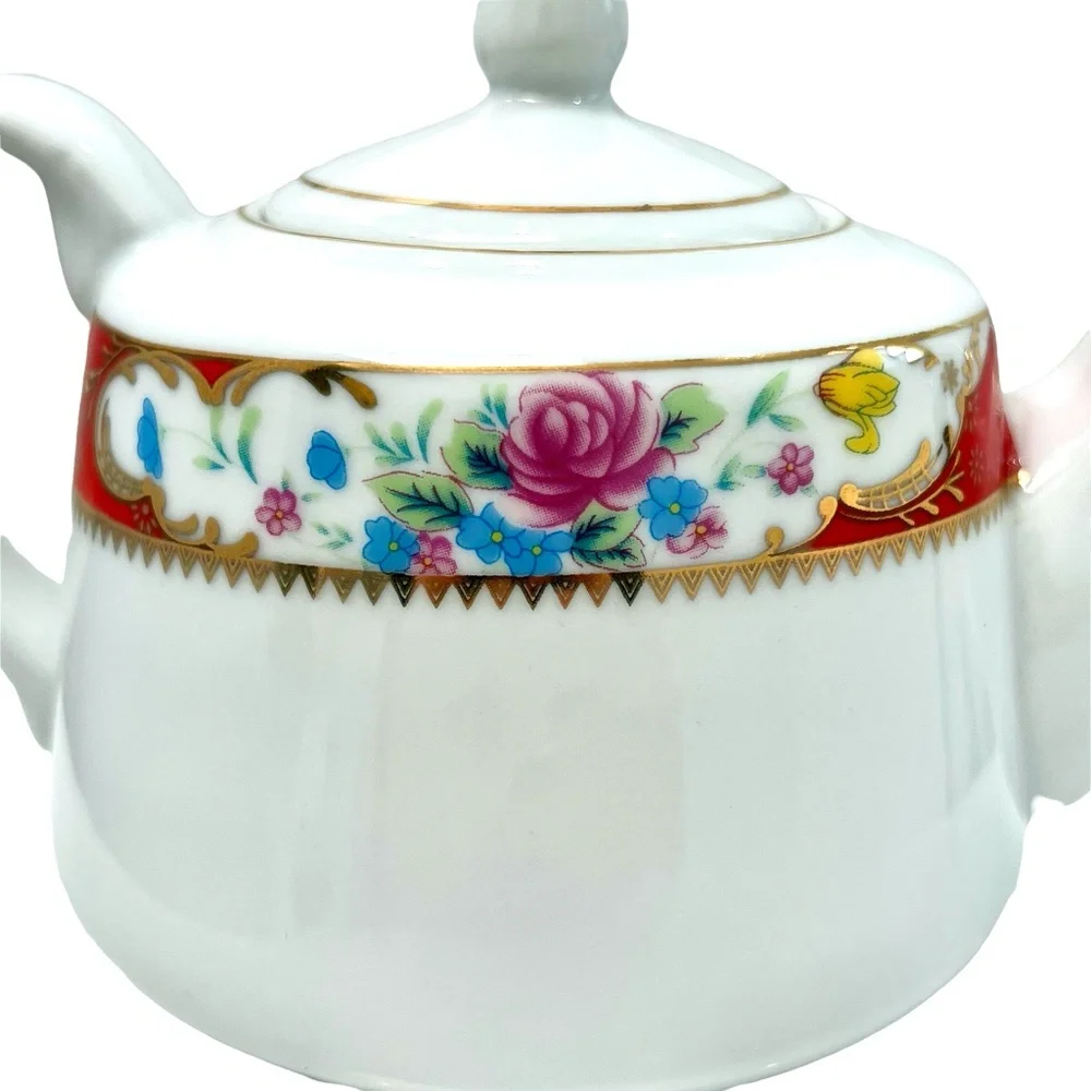 TIGER YEDI WHITE PORCELAIN RED/ORANGE FLORAL TEAPOT